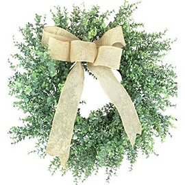 Huashen Mini Eucalyptus Wreath with Burlap Mesh Bowknot, Green Foliage Wreath on Grapevine for Front Door Home Decor 24 inch