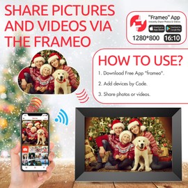 FRAMEO 10.1 inch Digital Photo Frame, 16GB WiFi Digital Frame, 1280x800 IPS LCD Touch Screen, Auto-Rotate, Wall Mounted, Easy Setup, Share Photos & Videos Instantly via Frameo App - Great Gift