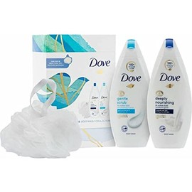 Dove Gently Nourishing Body Wash Collection Gift Set 2pcs with Luxury Shower Puff, Deeply Nourishing Body Wash 225ml & Gentle Scrub Body Wash 225ml, Dove Christmas gifts for her, Regular