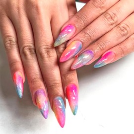 24Pcs Colorful Press on Nails Long Almond Acrylic False Nails Full Cover Glossy Gradient Design Glue on Nail Reusable for Women