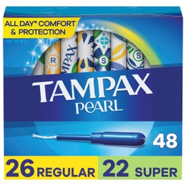 Tampax Pearl Tampons Multipack, with LeakGuard Braid, Regular/Super Absorbency, Unscented, 48 Count