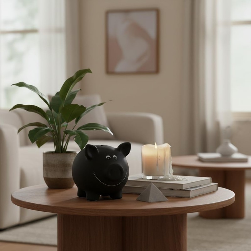 1 x ceramic piggy bank, black, blackboard varnish for labelling,
