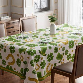BOTB LIHM St. Patrick's Day Green Hats Four-Leaf Clovers Shamrock Coins Horseshoes Tablecloth Rectangle Washable Table Covers for Indoor Outdoor Dining Table Home Party Decorations 60x84 Inch