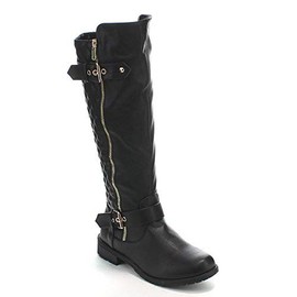 Forever Mango-21 Women's Winkle Back Shaft Side Zip Knee High Flat Riding Boots Black 8