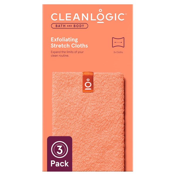 Cleanlogic Body Exfoliating Cloth, Stretchy Exfoliator Bath and Shower Washcloths for Smooth and Softer Skin, Reusable Daily Skincare Tool, Assorted Colors, 3 Count Value Pack