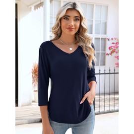 KTILG Womens Summer Tops 2024 Dressy Casual Long Sleeve Shirts V Neck Tees Solid Pretty BlousesNavy Blue XL