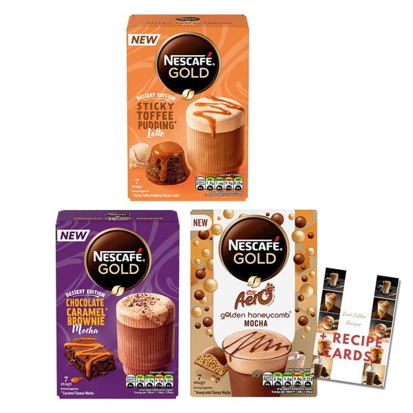 Nescafé Gold Latte Variety Pack - Instant Coffee - Sticky Toffee Pudding, Chocolate Caramel Brownie, Golden Honeycomb Aero - 21 Sachets with Recipe Cards
