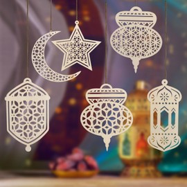 Ramadan Decoration | Pack of 6 Ramadan Kareem Decoration | Crescent Moon Stars Style Light Shape Pendant Ornament for Ramadan Eid Mubarak Decorations