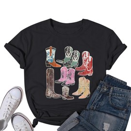 Pairxily Cowboy Shirts for Women Western Cowgirl Country Graphic Tees Rodeo Boot Vintage T Shirts Music Cute Concert Outfit(Black,M)