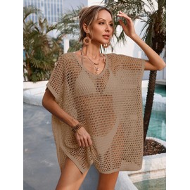 BreathSunny Womens Crochet Knit Oversized Loose Fit Swimsuit Coverup Summer 2025 Cap Sleeve Hollow Out Scoop Neck Sheer Mesh Swimwear Coverups Beach Swim Bathing Suit Cover Up Mini Dress Khaki M
