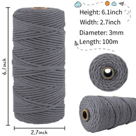 LEREATI Macrame Cord 3mm x 100m, Thick Macrame Rope Natural Cotton Rope Craft String, 4 Strand Twisted Cotton Cord Yarn for DIY Plant Hanger, Wall Hanging, Christmas Decoration (Gray)