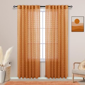 KOUFALL Burnt Orange Curtains 84 Inch Length for Living Room,Bohemian Autumn Boho Fall Decor Back Tab Pom Pom Textured Sheer Curtains for Dining Room Bedroom 52x84 Inches Long Set 2 Panels