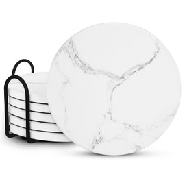 Makalong White Coasters Set of 6, Super Absorbent Coasters, Exquisite Appearance Ceramic Coasters, Drink Coasters, Marble Coasters, Coasters with Holder, Table Coasters, Coffee Table Decor Coasters