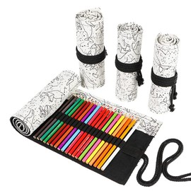 DIYOMR 24/36/72 Slots Pencil Wrap Pencil Rolls, Artist Colored Pencils Roll Up Bag Short Brushes Pouch Case Pencils Organizer for Drawing Coloring and Sketching (White Starry Sky, 72slots)