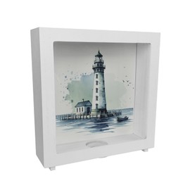 Lighthouse on the coast frame money box made of wood, maritime flair for home, water, sea shore, motif, nautical signal design, perfect for marine navigation fans