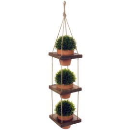 EXCELLO GLOBAL PRODUCTS Rustic 3-Tier Wooden Hanging Planter with Distressed Finish - Farmhouse Style. Comes with 3 Terracotta Pots, Ready for Hanging.