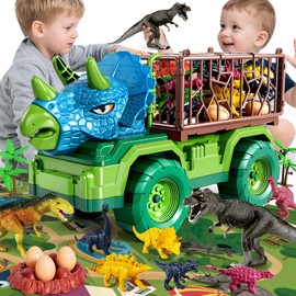 DULONIME Dinosaur Cars Truck Toys for Kids 3-5 with 8 Dinosaur Figures, Activity Play Mat, Dinosaur Egg, Trees, Jurassic Play Set for Boys and Girls Ages 5-7
