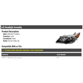 Left Driver Side Headlight Assembly - Compatible with 2012-2014 Toyota Camry SE