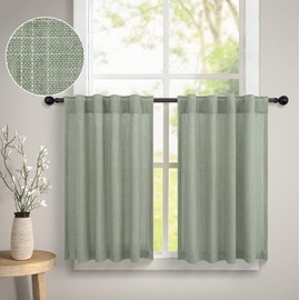 Cortinas de Cocina Estilo Café Verde Salvia de 24 Pulgadas de Largo para Ventana Pequeña, 2 Paneles con Trabillas Traseras y Bolsillo Superior, Cortinas de Nivel Semitransparentes de Lino Cortas para