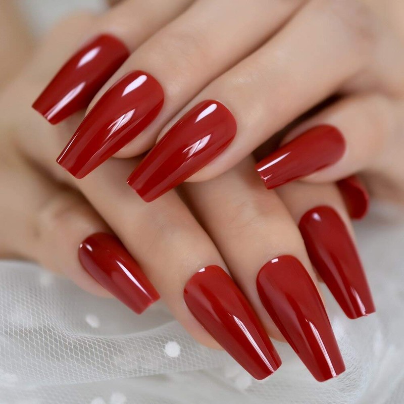 Gorgeous Red Press on Ballet False Nails Long Ruby-red Coffin