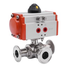 Gdrasuya10 1.31 inch Stainless Steel Sanitary 3-Way T-Type Tri-clamp Pneumatic Ball Valve T-Port Air Actuated Ball Valve PTFE Seal