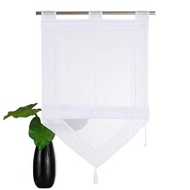 SIMPVALE 1 x Roman Blind Curtain with Tassel Decoration, Height Adjustable Transparent Voile Curtains, Modern Curtains for Bedroom, Bathroom, Kitchen, White, 45 x 140 cm