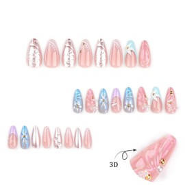 3D Handmade Press On Nails Almond Medium French Tip Fake Nails with Designs Flower Butterfly Pearl Charms Summer False Nails Glossy Full Cover Acrylic Reusable Gel Glue Stick On Nails for Women 24PCS