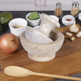 Creative Home Natural Champagne Marble Spice Grinder, Mortar and Pestle Set, 4" Diam. x 4" H, Beige