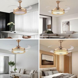 TFCFL 42" Retractable Ceiling Fan with Light and controller, Invisible Chandelier Fan LED Lights 3-Color 6-Speed Silent Reversible Motor for Bedroom Kitchen (Gold)