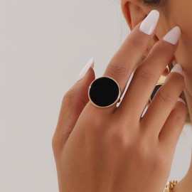Enautoabs Minimalist Round Flat Onyx Ring Black Onyx Disc Ring Open Adjustable Black Onyx Ring Vintage Round Disc Ring Large Disc Shape Ring Jewelry for Women