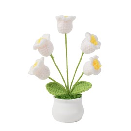 HAIOPS Crochet Lily of the Valley, Handmade Mini Crochet Flowers Knit Potted Plant for Desk, Table, Home Decor, White
