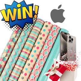 PARTY FIESTA Christmas Wrapping Papers Bundle - Festive Double Sided Tape, 10 Meters of Grass Rope - 6 Sheets 50X70 CM Holiday Gift Wrap Set (Color)