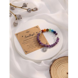 MANIFO Amethyst Chakra Crystals Bracelet for Women Healing Crystal Bracelet Natural Gemstone Beaded Bracelets with Life Tree Charm Jewellery Valentines Christmas Gifts