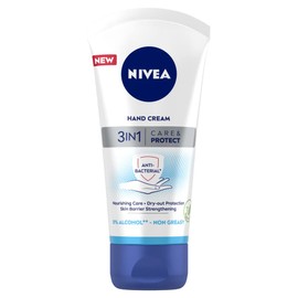 NIVEA 3 in 1 Care and Protect Anti-bacterial Hand Cream (75ml), Hand Cream for Dry and Tight Skin, Protective Mini Hand Cream, Hand Lotion with JoJoba Oil
