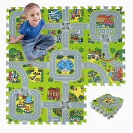 Skyweaver Traffic Play mat Puzzle Foam Interlocking Tiles – Kids Road Traffic Play Rug - Children Educational Playmat Rug - Great for Playing with Toy Cars Trucks (9Pcs)