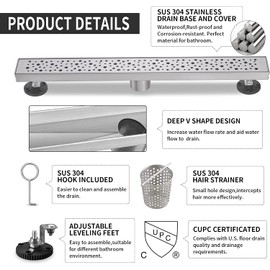 BAUNVB Linear Shower Drain 32 Inch, Bubbles Shower Drain SUS-304 Stainless Steel, 51L/Min Fast Drainage Floor Linear Drain, US Standard CUPC Certified, Brushed Silver, SD-099