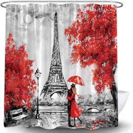 JOFKAXU Eiffel Tower Shower Curtain Romantic Couple Red Grey Paris City Street Scenery Floral Tree Oil Painting Art Retro Famous French Building Bath Curtain with Hooks