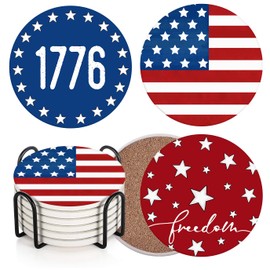 Bribay Coaster for Drinks Set of 6, 4th of July American Flag Vintage America Retro Americana Absorbent Round Ceramic Stone Mat, with Cork Base and Metal Holder, Gift for Housewarming Room Bar Decor