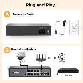8-Port 120W PoE Switch, 2 Gigabit Uplink Ports, 802.3af/at, Supports 4K/8MP/5MP IP Cameras, Metal Housing, Plug & Play, Lightning Protection, PA-POE08