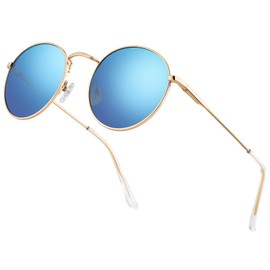 HENGOSEN Men's Round Sunglasses, Polarised Round Sunglasses, Retro Metal Frame, Sunglasses for Men and Women, 06-Gold/Blue