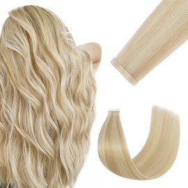 FUOTONBUTY Tape in Hair Extensions Human Hair Double Stitched Invisible Tape in Hair Extensions Seamless Tape ins 20pcs 50g Tape on Real Human Hair (Balayage Golden Blonde to Light Blonde, 16 inch)