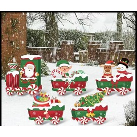 5 Pieces Christmas Decorations Outdoor Yard Cute Reindeer Snowman Train Santa Claus Patio Yard Sign with 10 Yard Stakes for Outdoor Christmas Decorations