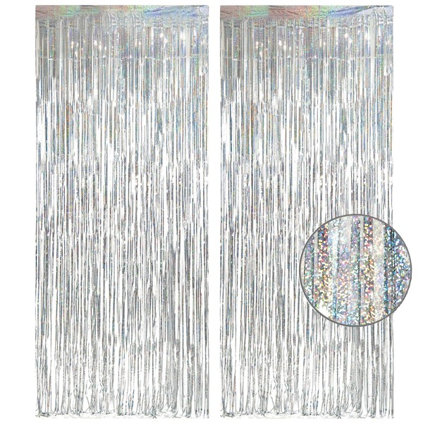 Silver Foil Fringe Tinsel Backdrop Glitter - GREATRIL Party Streamers Backdrop Curtains for Birthday/Prom/New Year/Bachelorette Party/Christmas/Disco Dancing Ball Decorations - Pack of 2