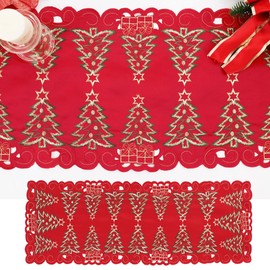 Simplebrand Red Christmas Table Runner 13x36 Inches Long, Embroidered Cutwork Christmas Table Runner with Green Christmas Tree and Gifts, Xmas Tree Dresser Scarf Winter Holiday Parties Kitchen Dinner