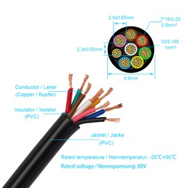 BEIJISTAR 5M 7x0,5+1x1.0mm² Automotive Round Cable, 12V 24V 8 Core Trailer Cable, 8 Core Thin Wall Electricl Wire Car Cable for Caravan Truck RV Trailer 5/10 Meters