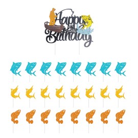 25 Pieces Of Fishing Theme Cakes With Flag Inserts, Paper Cakes With Card Inserts, Cartoon Birthday Accessories, Party Items.