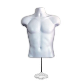 White Male + Female Hollow Back Mannequin Torso Set w/ Acrylic Stand with Metal Pole, S-M Sizes (1)