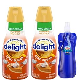 International-Delight Liquid Coffee Creamer.- Two (2) 32 fl oz Bottles of Sugar Free Creamy Smooth Delightful Coffee Creamer and Candy Freezer Collapsible Bottle (Pumpkin Pie Spice Zero Sugar) Bottle