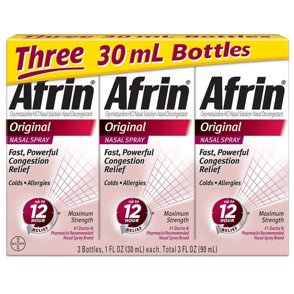 Afrin Original Maximum Strength 12 Hour Nasal Congestion Relief Spray - 3 bottles, 1 FL OZ (30mL) each. Total 3 FL OZ (90 mL)