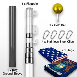 G128 Combo Pack: 25 Ft Telescoping Aluminum Flagpole (Silver) & American and Michigan Flags 3x5 Ft, Both ToughWeave Series Embroidered Polyester | Pole with Flags Included